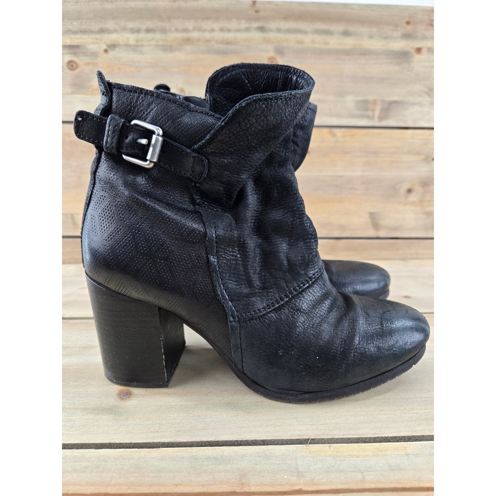 Miz Mooz Black Leather Slouchy Ankle Boots Buckle Block Heel EU 39 US 8.5-9